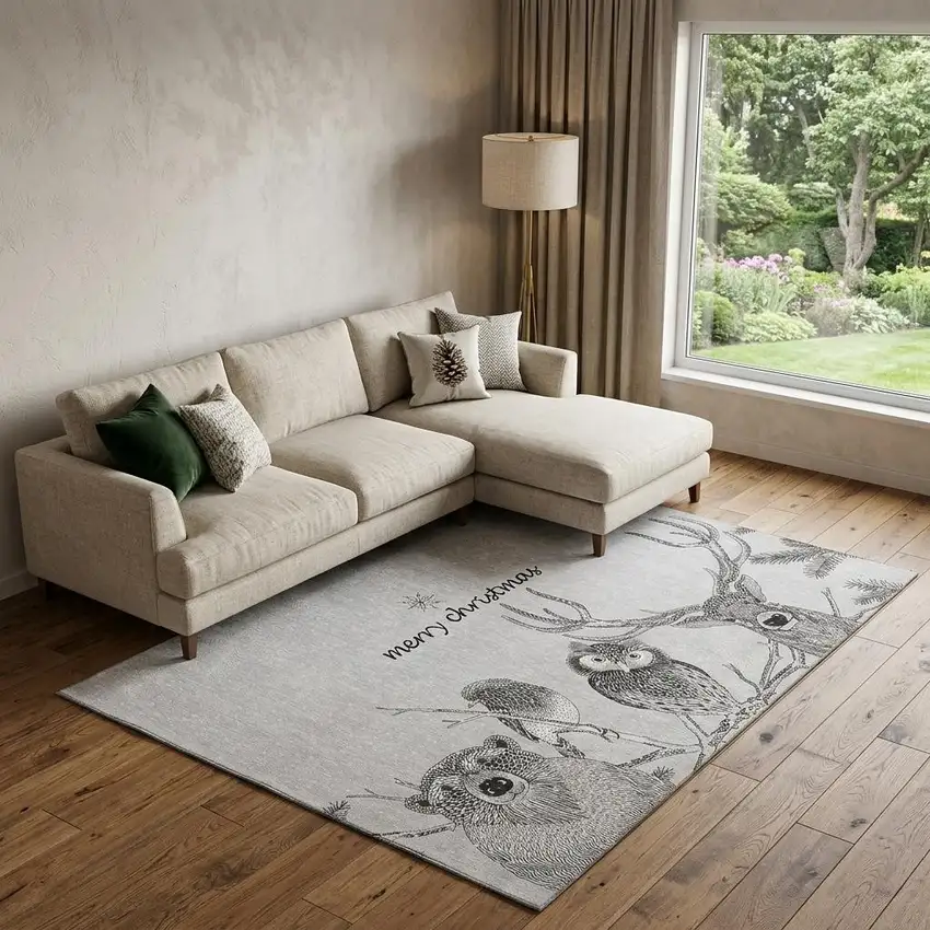 Gray And Black Christmas Woodland Lodge Washable Area Rug With UV Protection Photo 1