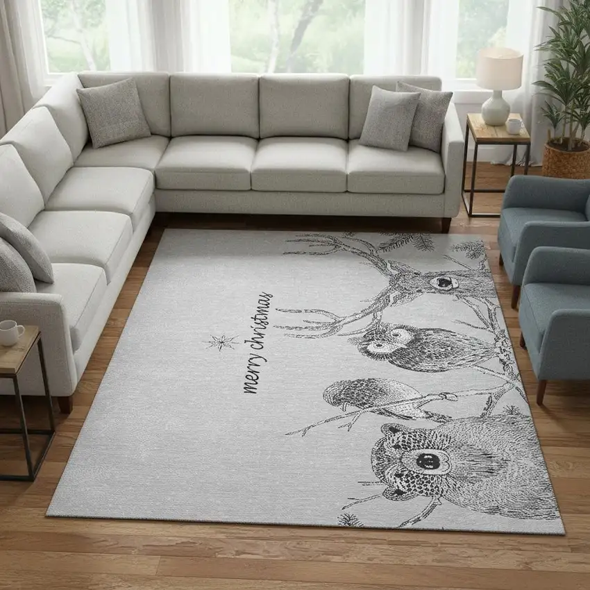 Gray And Ivory Animal Print Washable Area Rug With UV Protection Photo 1