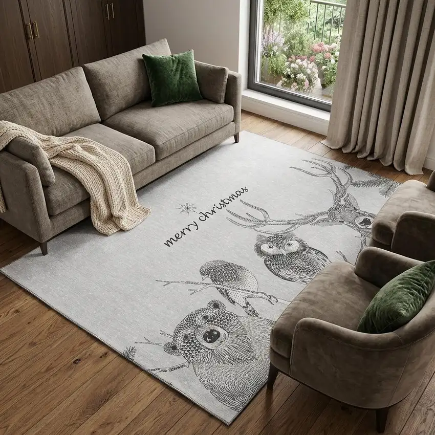 Gray And Black Christmas Woodland Lodge Washable Area Rug With UV Protection Photo 1