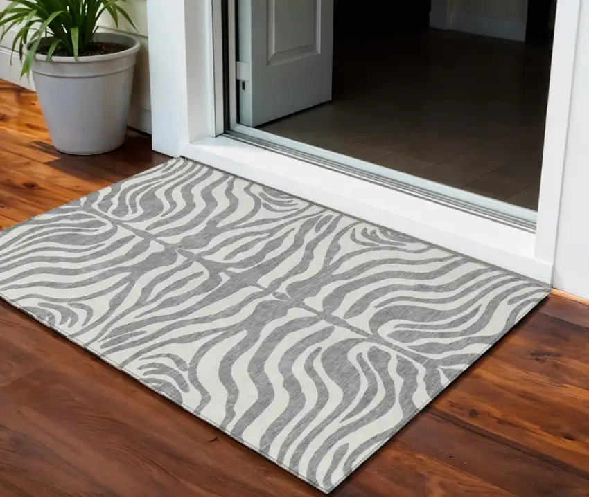 Gray And Ivory Animal Print Washable Indoor Outdoor Area Rug Photo 1