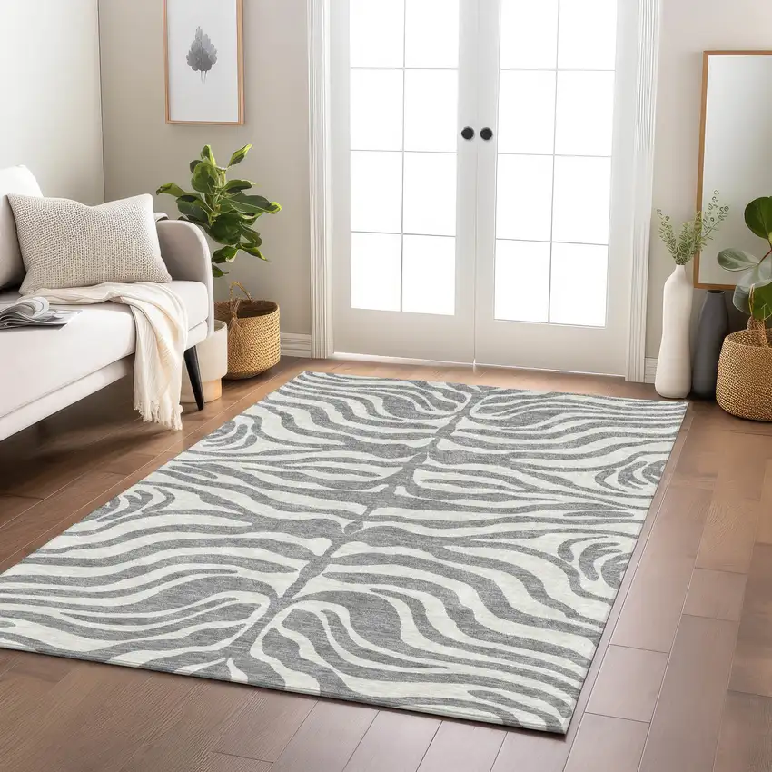 Gray And Ivory Animal Print Washable Indoor Outdoor Area Rug Photo 9