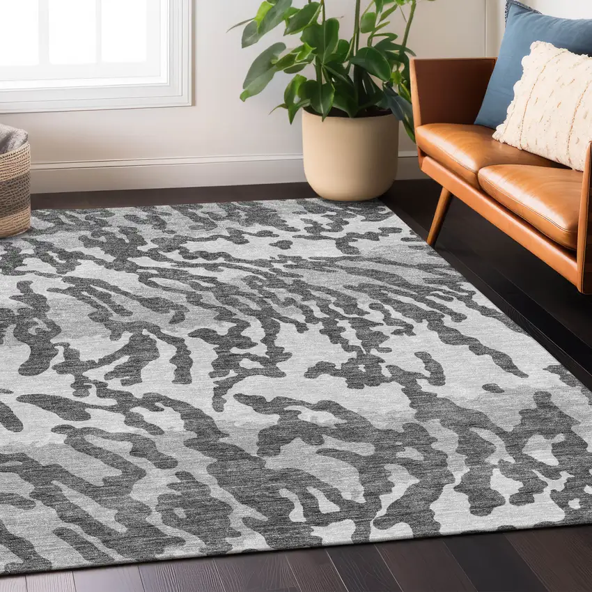 Gray And Ivory Animal Print Washable Indoor Outdoor Area Rug Photo 9