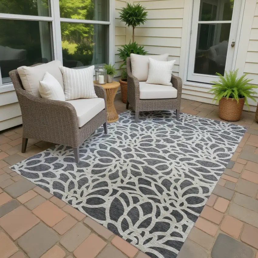 Gray And Ivory Botanical Leaves Washable Indoor Outdoor Area Rug Photo 3