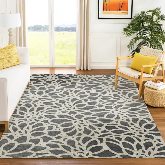 Gray And Ivory Botanical Leaves Washable Indoor Outdoor Area Rug Photo 4