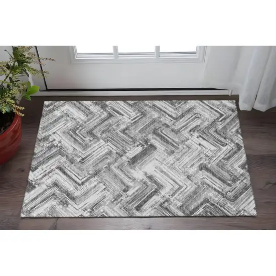 Gray And Ivory Chevron Washable Area Rug With UV Protection Photo 2