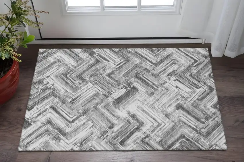 Gray And Ivory Chevron Washable Area Rug With UV Protection Photo 2