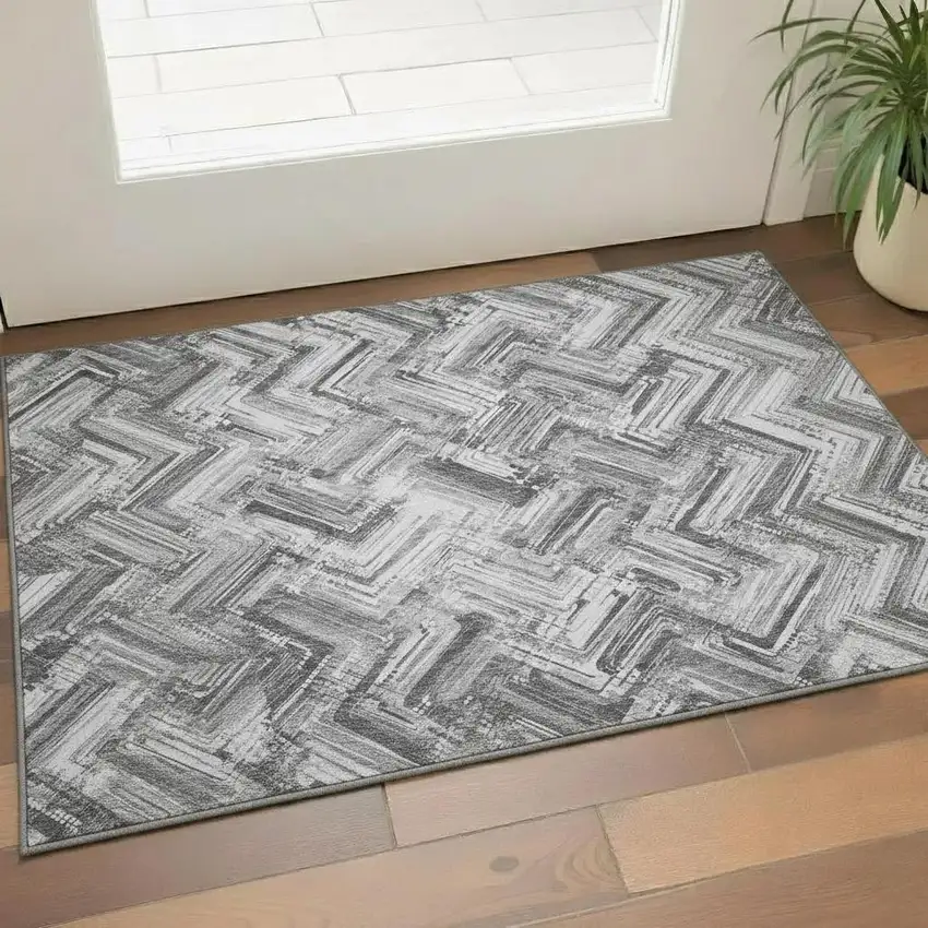 Gray And Ivory Chevron Washable Area Rug With UV Protection Photo 1