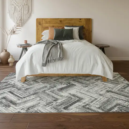 Gray And Ivory Chevron Washable Area Rug With UV Protection Photo 6