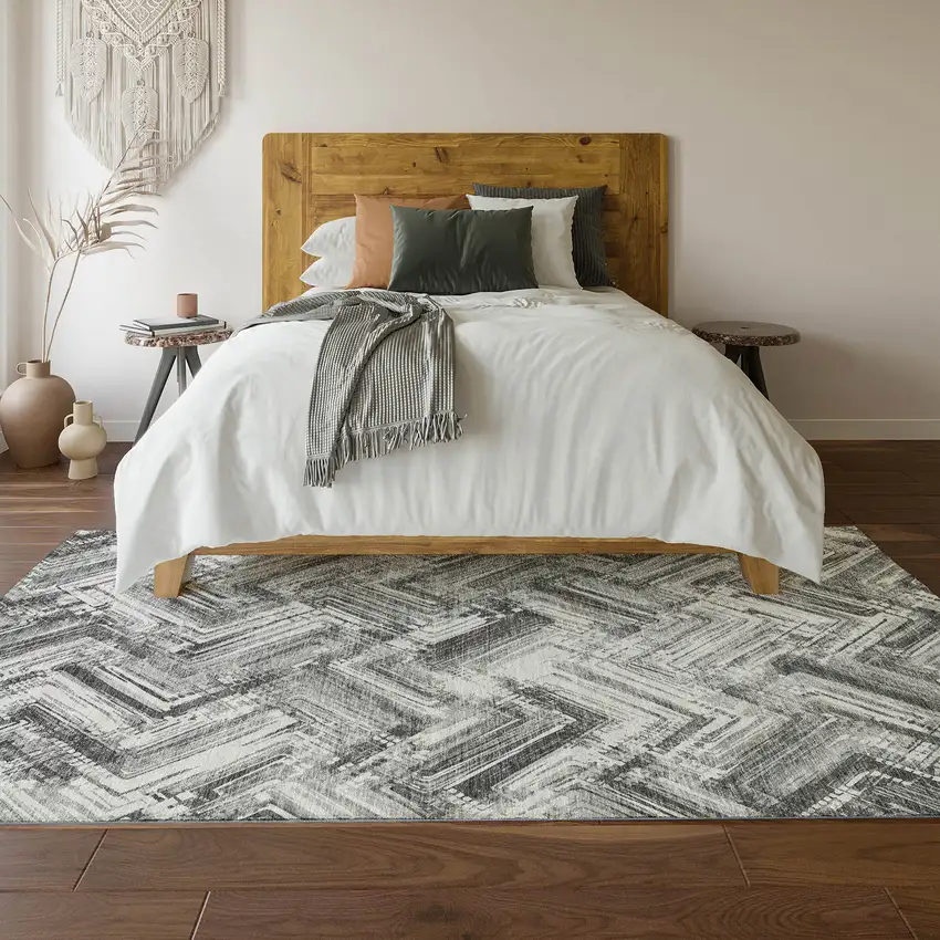 Gray And Ivory Chevron Washable Area Rug With UV Protection Photo 6