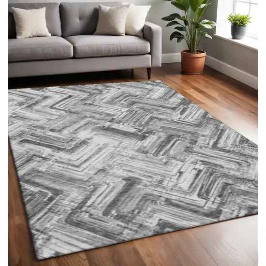 Gray And Ivory Chevron Washable Area Rug With UV Protection Photo 2
