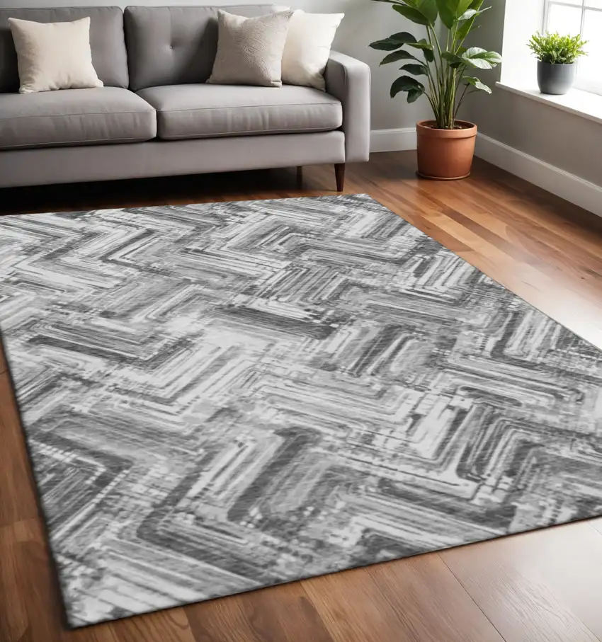 Gray And Ivory Chevron Washable Area Rug With UV Protection Photo 2