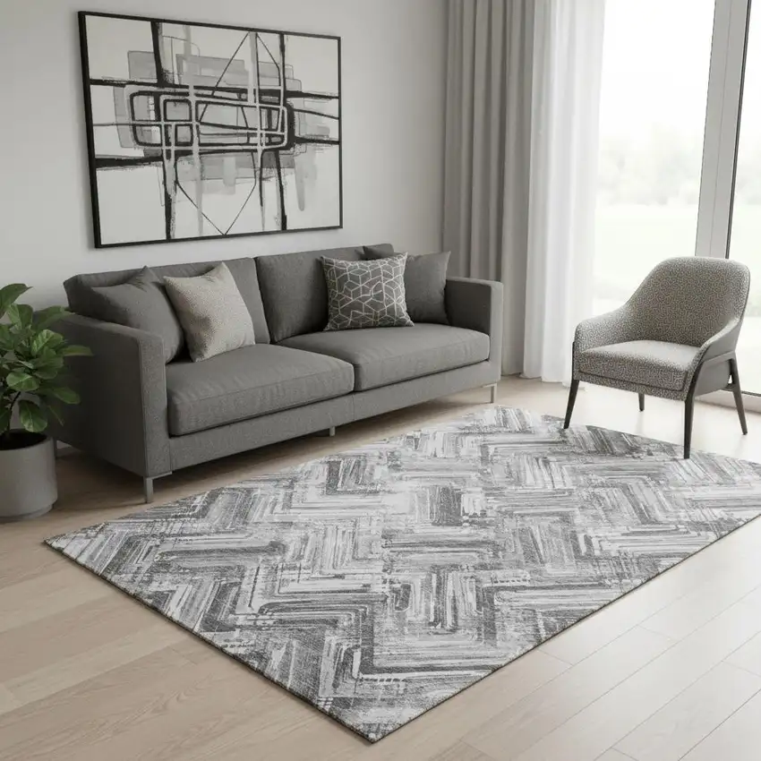 Gray And Ivory Chevron Washable Area Rug With UV Protection Photo 1
