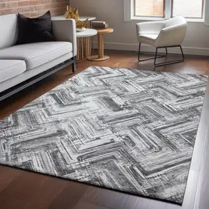 Photo of Gray And Ivory Chevron Washable Area Rug With UV Protection