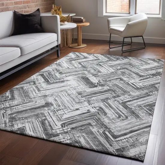 Gray And Ivory Chevron Washable Area Rug With UV Protection Photo 5