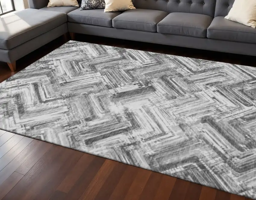 Gray And Ivory Chevron Washable Area Rug With UV Protection Photo 2