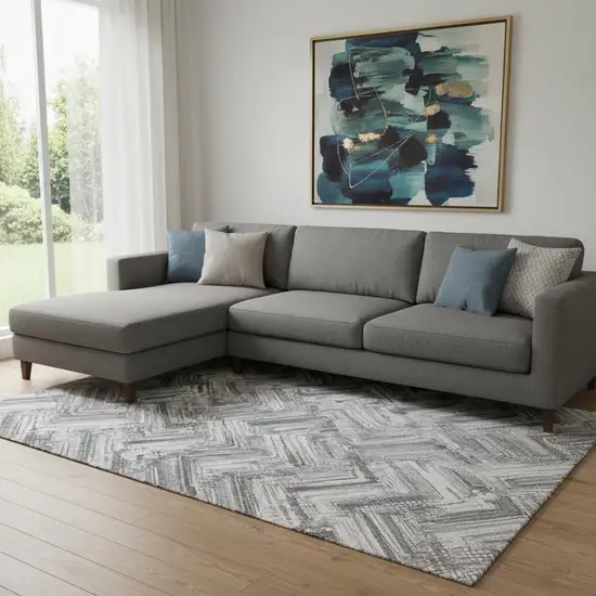 Gray And Ivory Chevron Washable Area Rug With UV Protection Photo 1