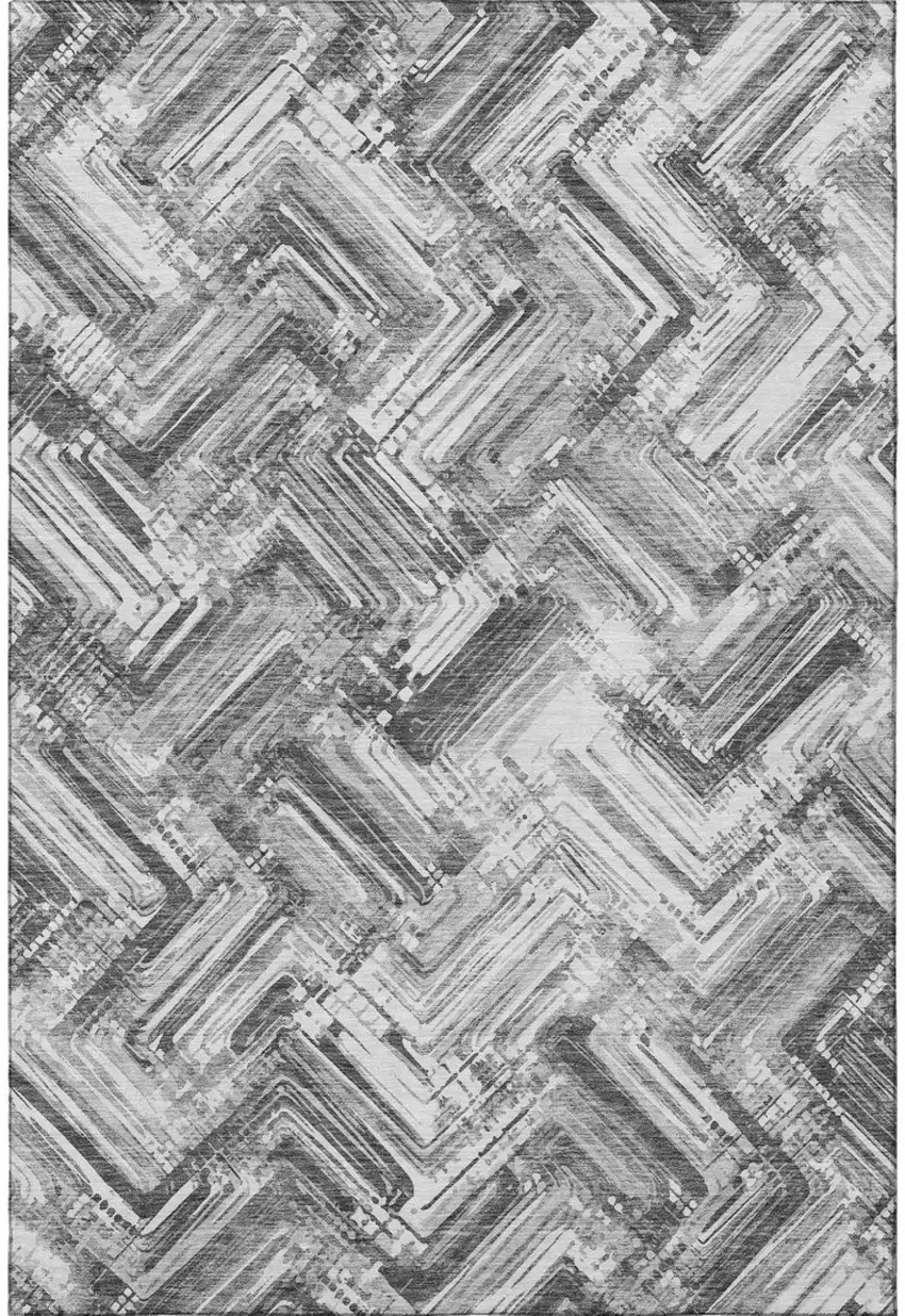 Gray And Ivory Chevron Washable Area Rug With UV Protection Photo 4