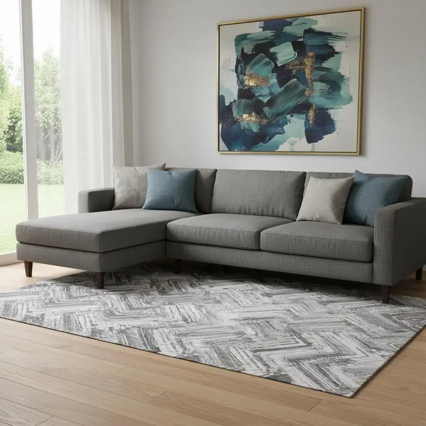 Gray And Ivory Chevron Washable Area Rug With UV Protection Photo 1