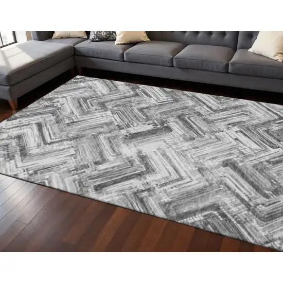 Gray And Ivory Chevron Washable Area Rug With UV Protection Photo 2