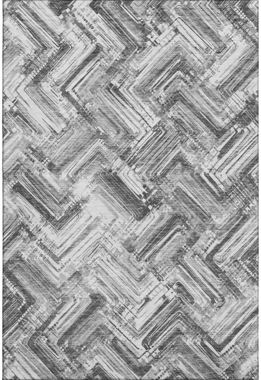 Gray And Ivory Chevron Washable Area Rug With UV Protection Photo 1