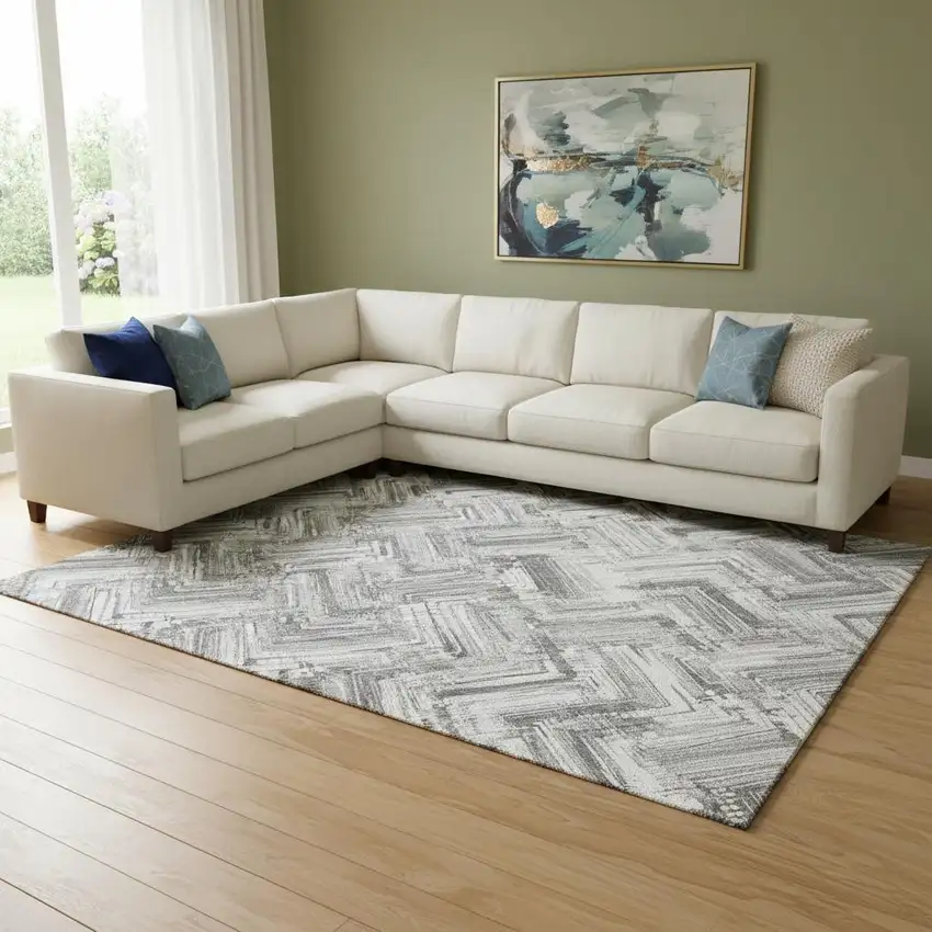 Gray And Ivory Chevron Washable Area Rug With UV Protection Photo 1