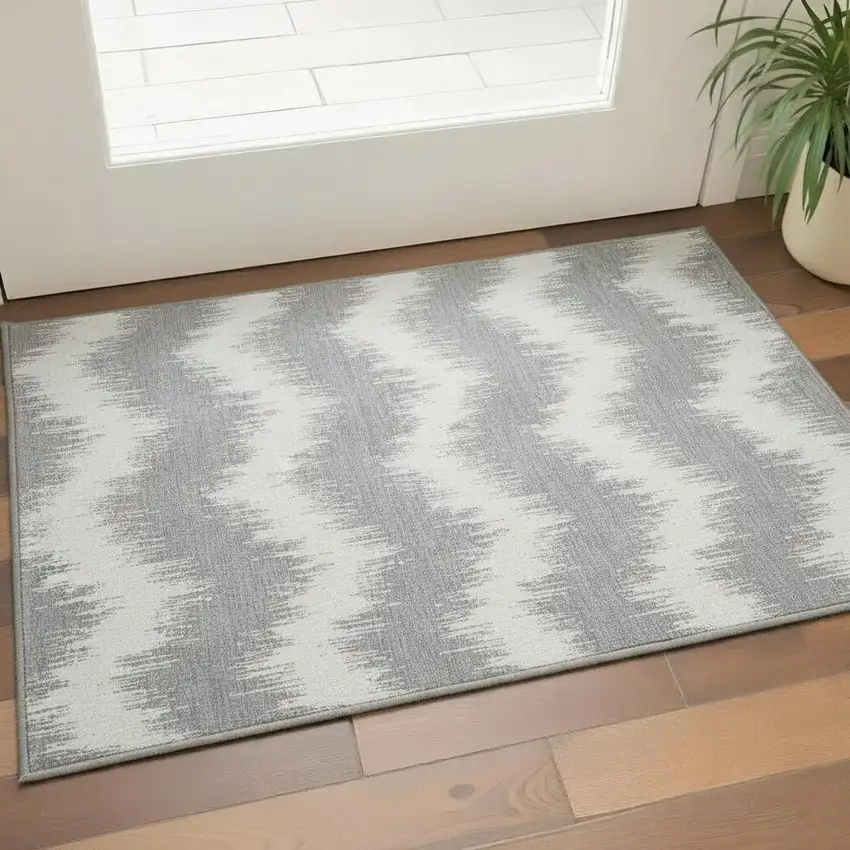 Gray And Ivory Chevron Washable Area Rug With UV Protection Photo 2
