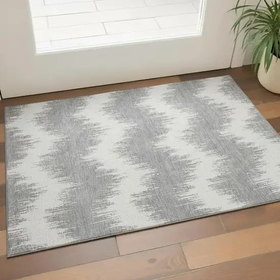 Gray And Ivory Chevron Washable Area Rug With UV Protection Photo 1
