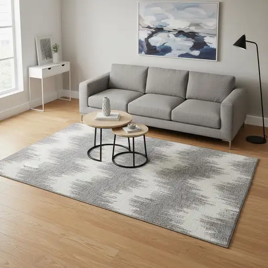 Gray And Ivory Chevron Washable Area Rug With UV Protection Photo 2