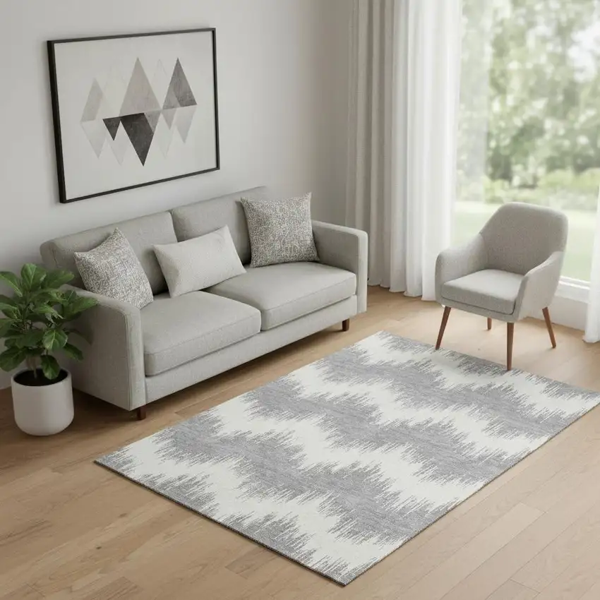 Gray And Ivory Chevron Washable Area Rug With UV Protection Photo 1