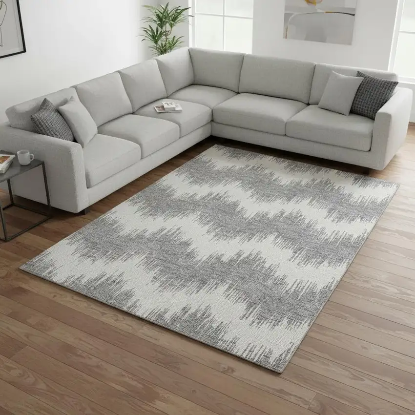 Gray And Ivory Chevron Washable Area Rug With UV Protection Photo 2