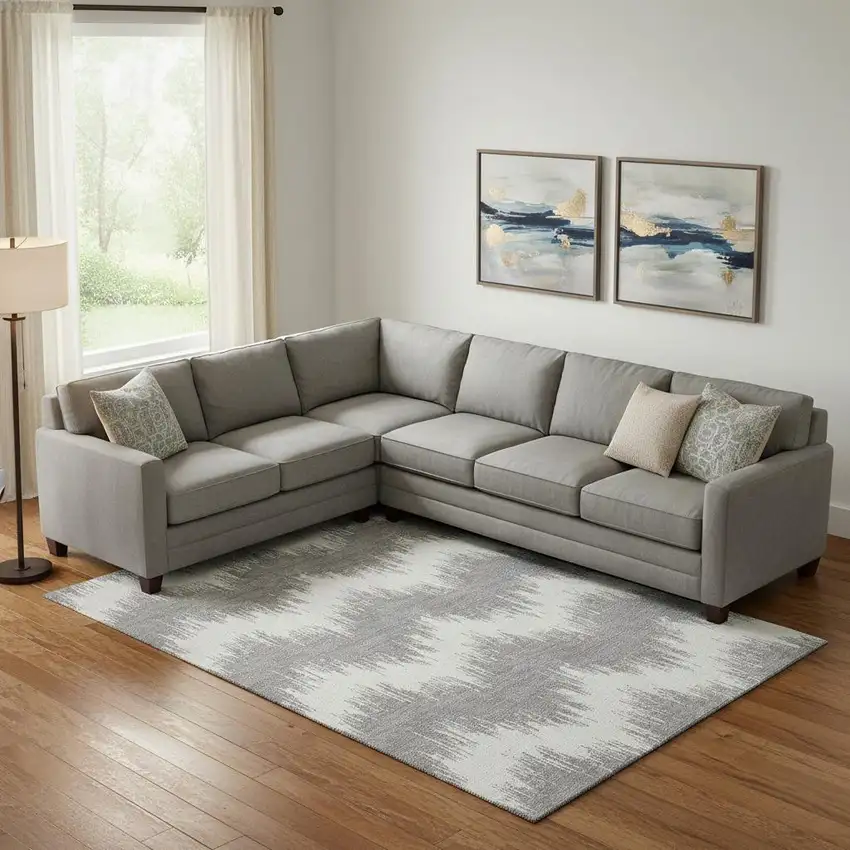 Gray And Ivory Chevron Washable Area Rug With UV Protection Photo 1