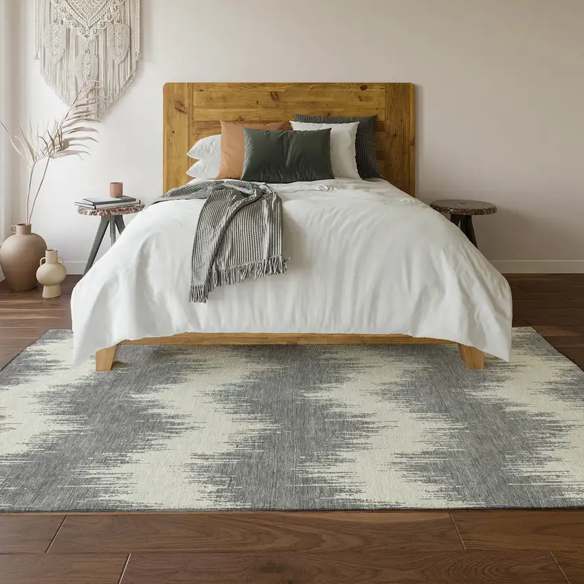 Gray And Ivory Chevron Washable Area Rug With UV Protection Photo 6