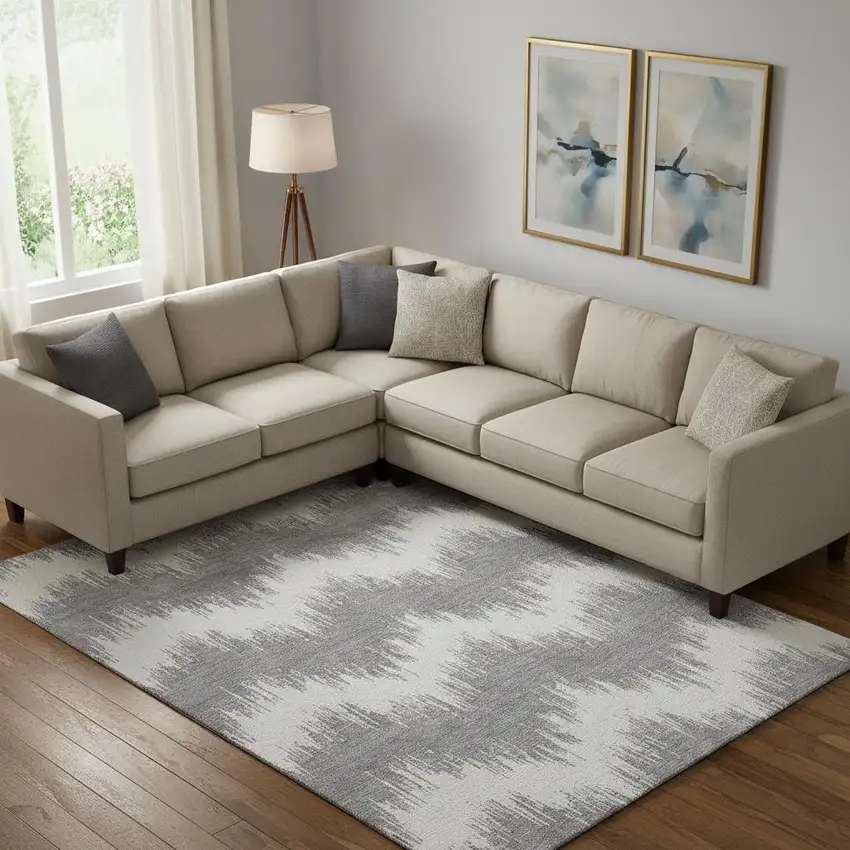 Gray And Ivory Chevron Washable Area Rug With UV Protection Photo 1