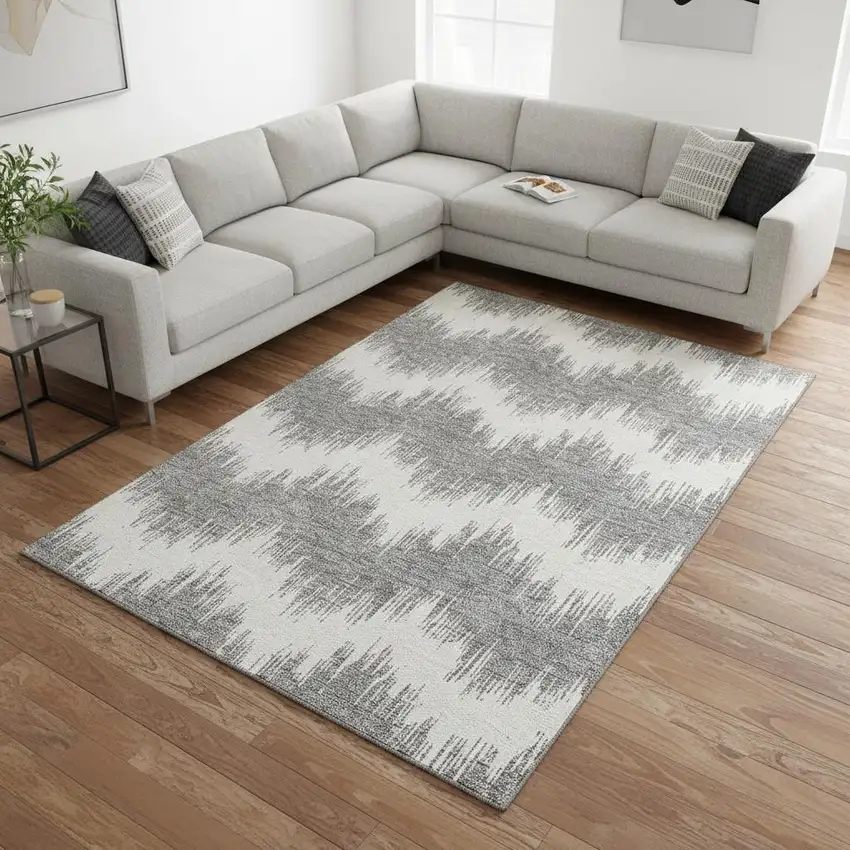 Gray And Ivory Chevron Washable Area Rug With UV Protection Photo 2