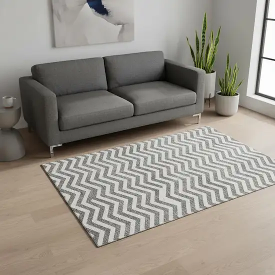 Gray And Ivory Chevron Washable Area Rug With UV Protection Photo 2