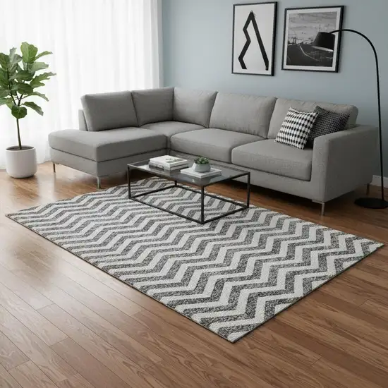 Gray And Ivory Chevron Washable Area Rug With UV Protection Photo 2
