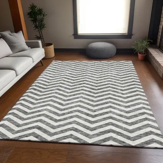 Gray And Ivory Chevron Washable Area Rug With UV Protection Photo 6