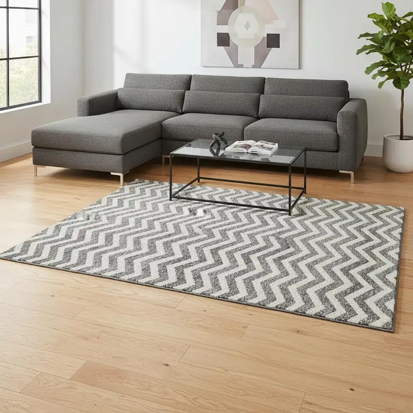 Gray And Ivory Chevron Washable Area Rug With UV Protection Photo 2