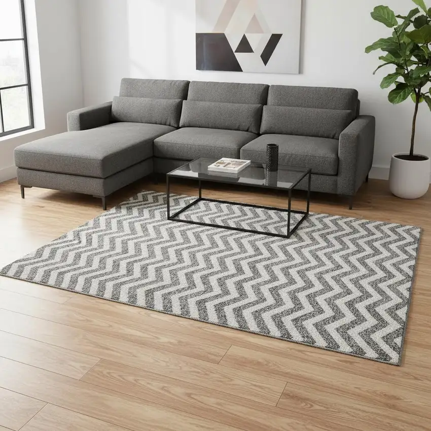 Gray And Ivory Chevron Washable Area Rug With UV Protection Photo 2