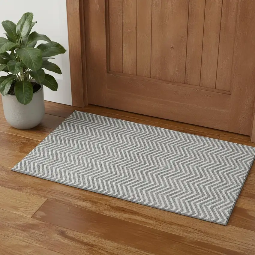 Gray And Ivory Chevron Washable Area Rug With UV Protection Photo 1