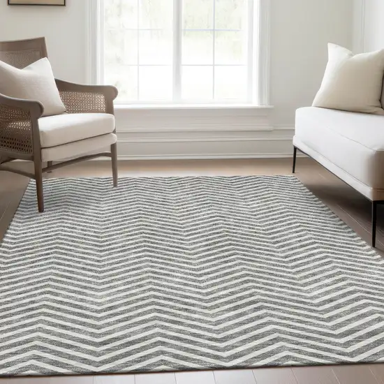 Gray And Ivory Chevron Washable Area Rug With UV Protection Photo 5