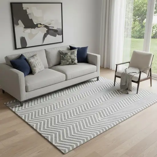 Gray And Ivory Chevron Washable Area Rug With UV Protection Photo 1