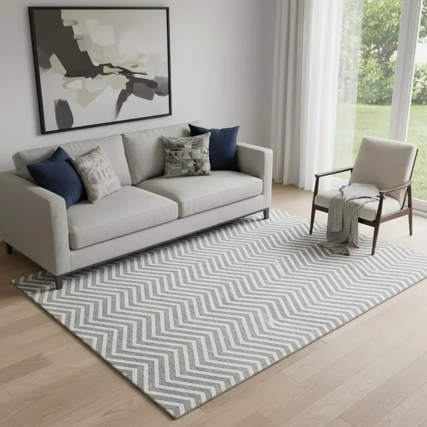 Gray And Ivory Chevron Washable Area Rug With UV Protection Photo 1
