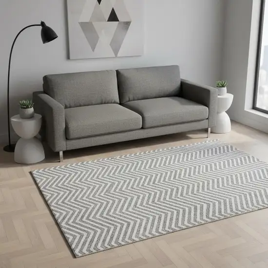 Gray And Ivory Chevron Washable Area Rug With UV Protection Photo 2