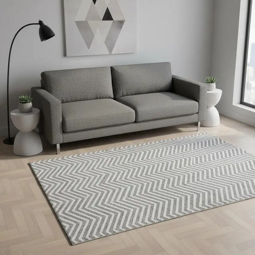 Gray And Ivory Chevron Washable Area Rug With UV Protection Photo 2