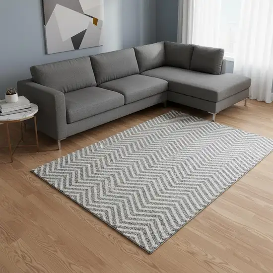 Gray And Ivory Chevron Washable Area Rug With UV Protection Photo 2
