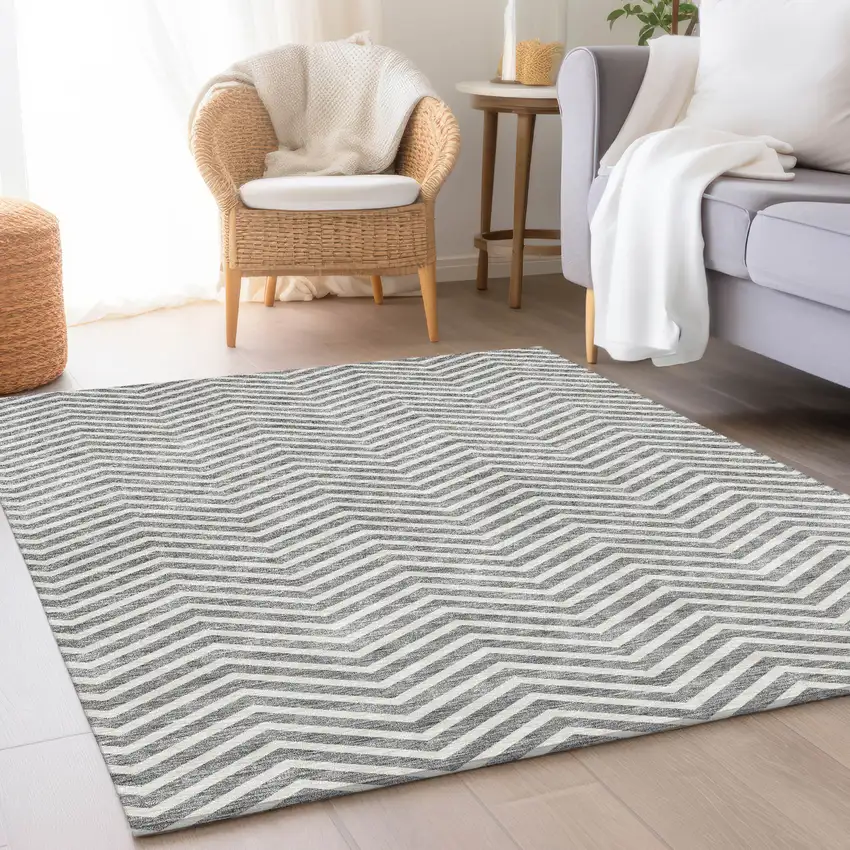 Gray And Ivory Chevron Washable Area Rug With UV Protection Photo 4