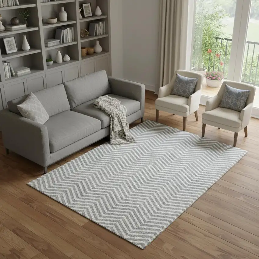Gray And Ivory Chevron Washable Area Rug With UV Protection Photo 1