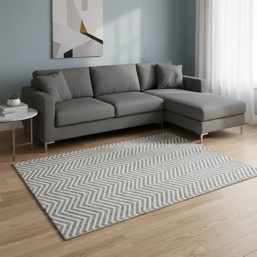 Gray And Ivory Chevron Washable Area Rug With UV Protection Photo 2