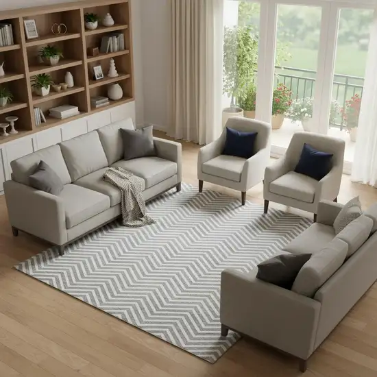 Gray And Ivory Chevron Washable Area Rug With UV Protection Photo 1